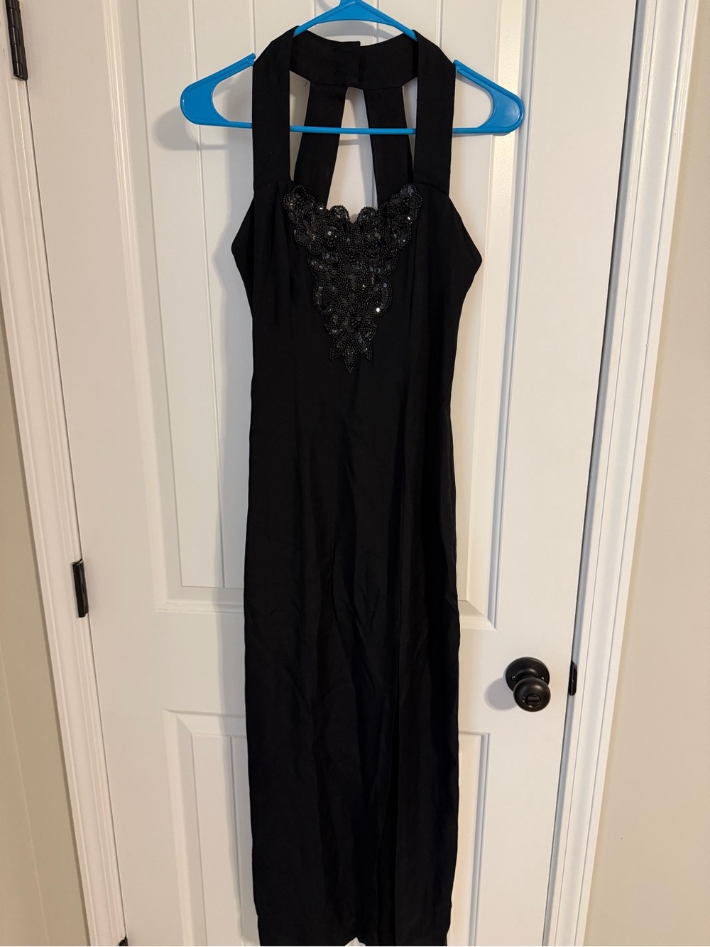 90’s VintageJump Black Maxi Halter Dress with Beaded Appliqué Detail